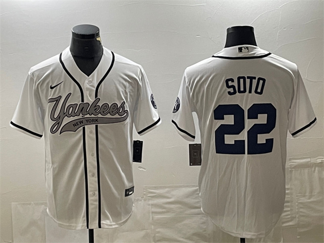 Men's New York Yankees #22 Juan Soto White Cool Base Stitched Baseball Jersey Men's New York Yankees #22 Juan Soto White Cool Base Stitched Baseball Jersey